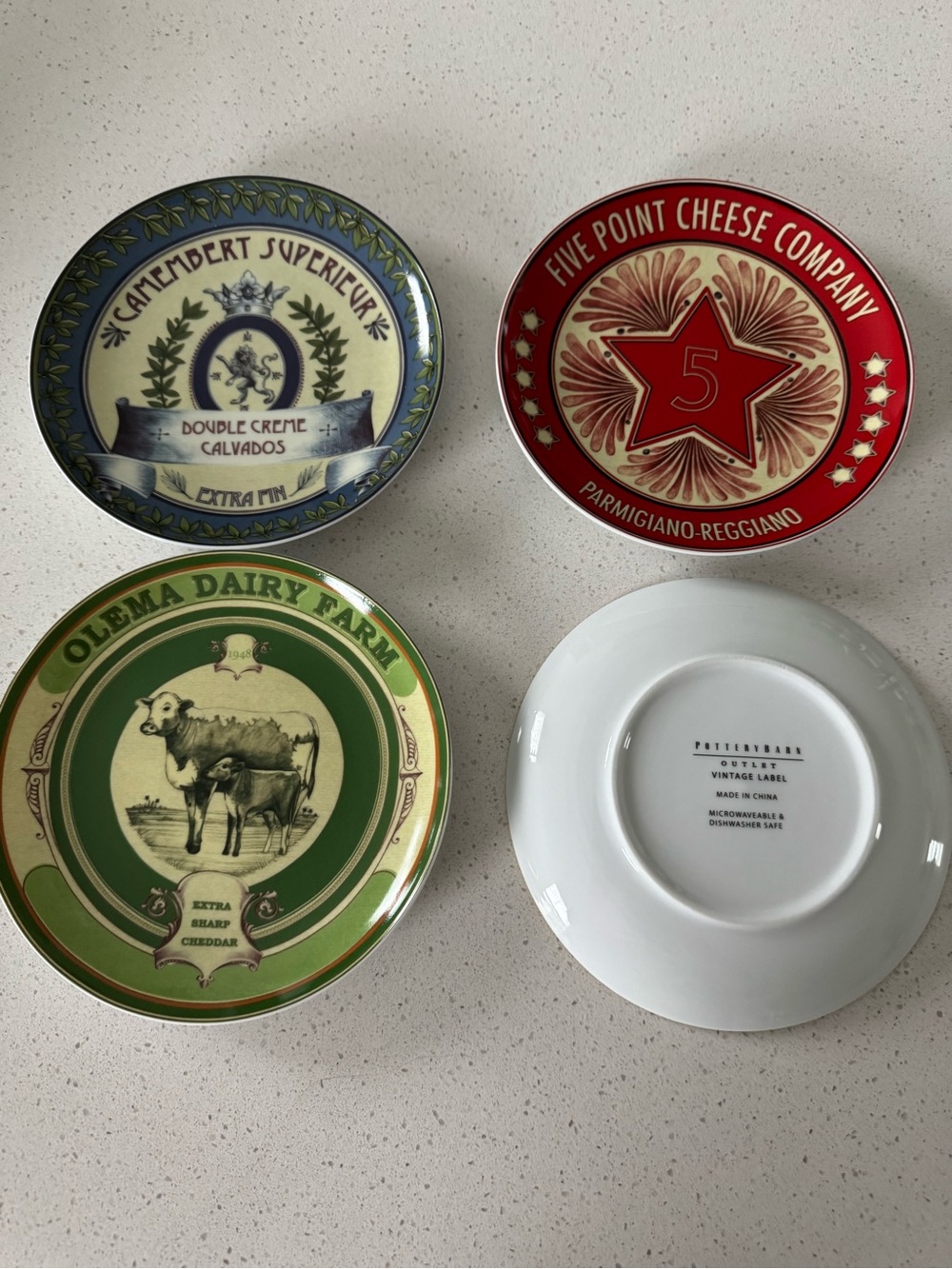 Four (4) Pottery Barn Vintage Label Cheese Snack 7in Plates Bee Cow 5 Star.
